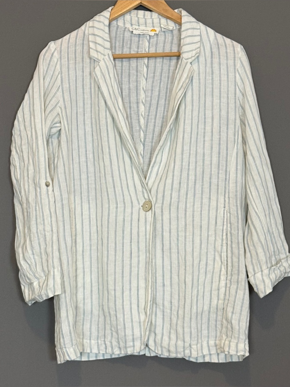 C&C California Linen Stripe Roll Tab Blazer Jacket White Blue Size S Coastal